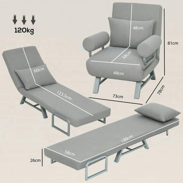 Single Sofa Bed, 3-in-1 Convertible Folding Chair Bed with Adjustable Backrest, Removable Armrests, Light Grey