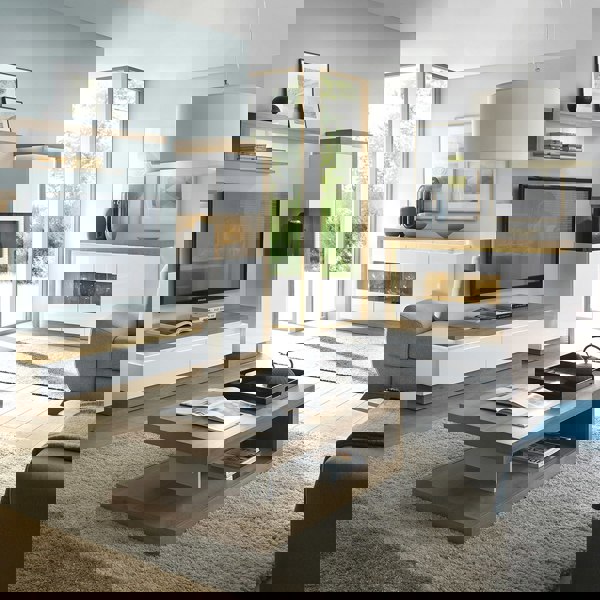 Furniture To Go Lyon 3 door glazed sideboard in Riviera Oak/White High Gloss