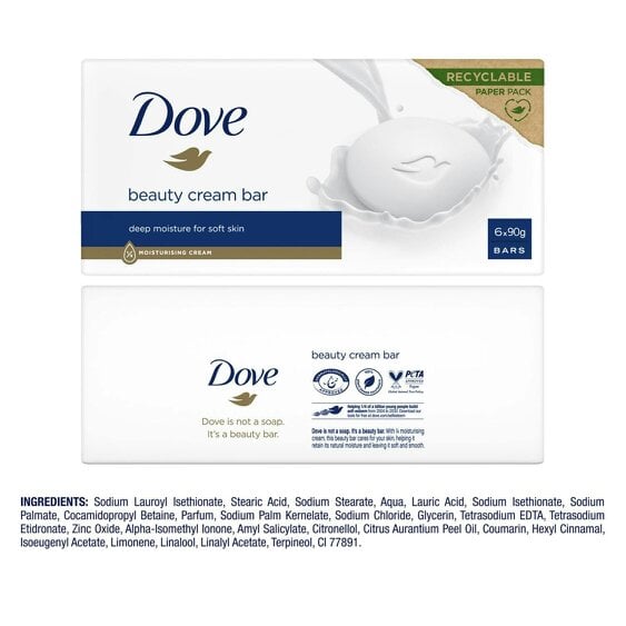 Dove Orignal Moisturising Beauty Cream Bar for Soft & Smooth Skin, 6x90g, 3 Pack