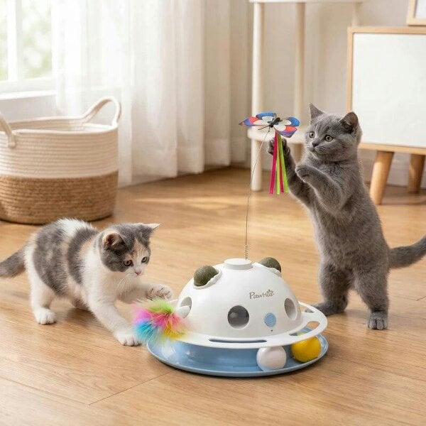 4-in-1 Interactive Cat Toys for Indoor Cats Adult with Spinning Butterfly, Shooting Feathers & Catnip Balls - White