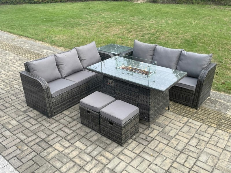 Fimous Rattan Garden Furniture Set with Fire Pit Table 8 Seater Outdoor Patio Lounge Sofa Set Dark Grey Mixed