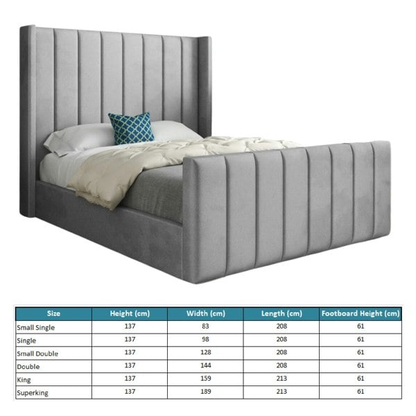 Casa Magna Romano Straight Winged Upholstered Soft Velvet Bed Frame - Grey