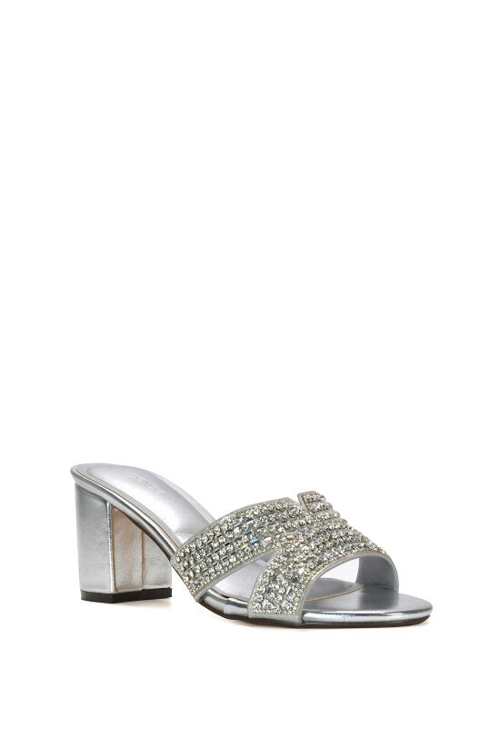 XY LONDON Sparkly Diamante Strappy Mid Block Heeled Sandal Mules