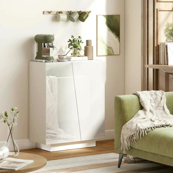 White high-gloss freestanding cabinet with two doors and countertop storage top