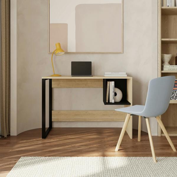 Decortie Model-4 110(W)cm Computer Desk Oak, Black Wood Workstation PC Work Table Office Gaming Desk Shelf with Black Metal Leg
