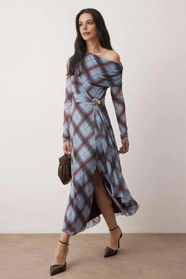 WOVCOR Lined Tulle Asymmetrical Maxi Knit Dress with Slit and Accessory Detail