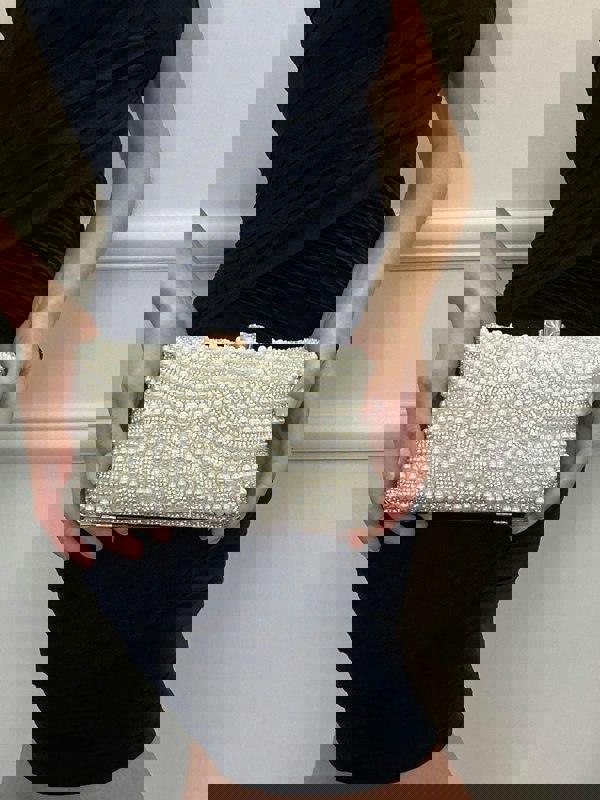 SVNX Luxurious Gold Pearl Embellished Clutch Bag