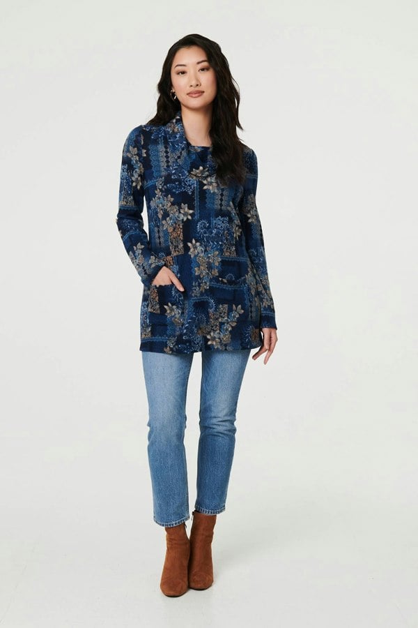 Blue | Printed Cowl Neck Long Sleeve Tunic Top
