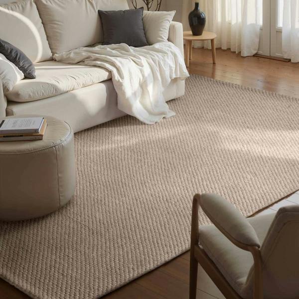Living room with a beige rug, white sofa, and wooden coffee table.