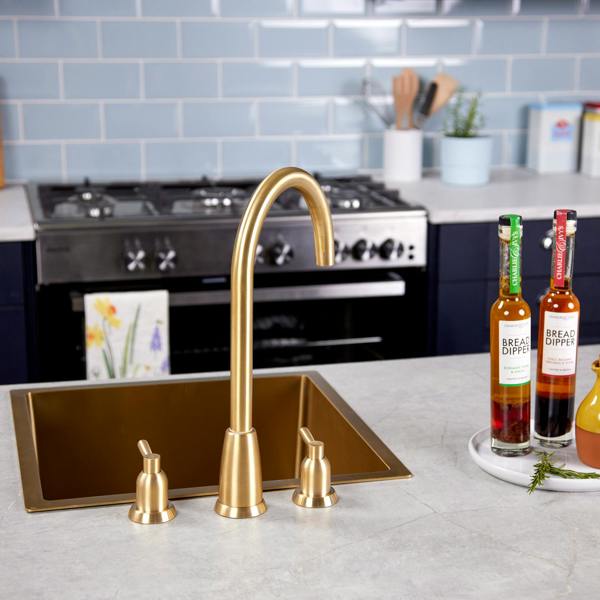Flode Narvik | Dual Lever 3 Hole Kitchen Tap | Brushed Brass Finish