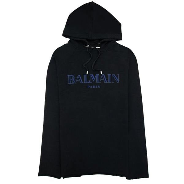 Balmain Flocked Blue Printed Hoodie   in  Black