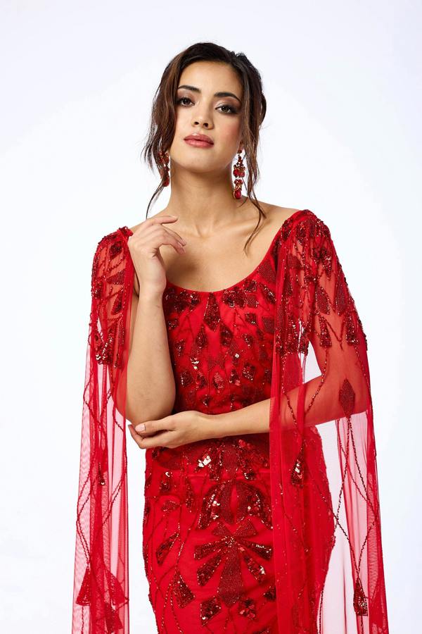 LuvForever Azara - Red Draped Sleeve Sequin Maxi Dress