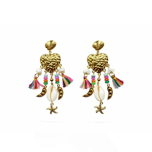 Pair of gold earrings with colorful tassels and starfish on a white background