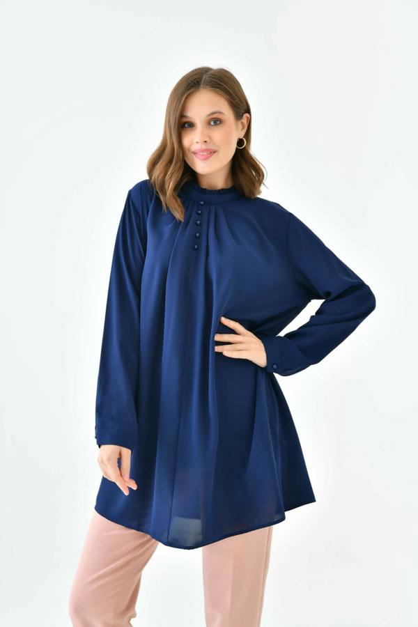 Hoxton Gal Oversized Long Sleeve Button Detailed Tunic Top in Navy