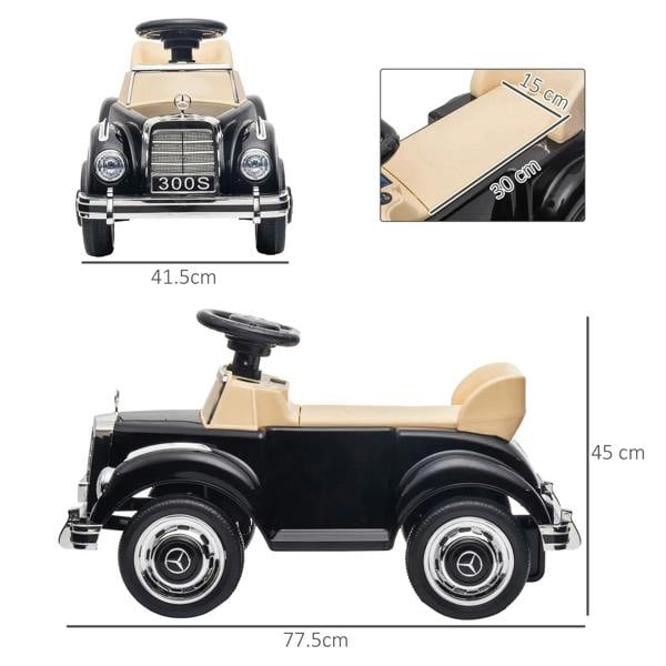 Mercedes-Benz 300S ride-on car with black body, beige seat, and size labels