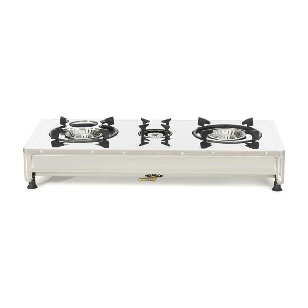 Three-burner gas stove on a white background