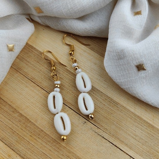 The Colourful Aura Cowrie Sea Shell Lightweight Minimalist Beach Dainty White Drop Hook Earring