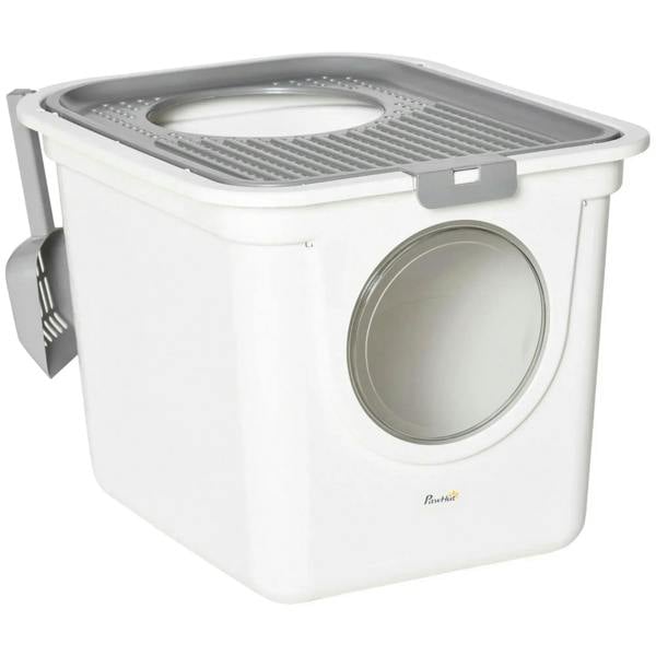White enclosed cat litter box with round front entrance and top mesh cover