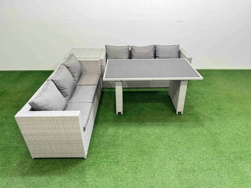 Fimous Rattan Garden Furniture Dining Set 6 seater Patio Rectangular Table Sofa Set with Side Table Light Grey