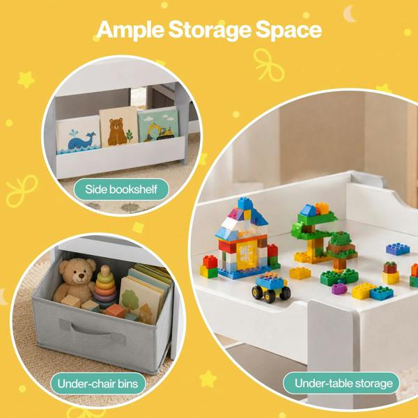 Dekko Kids Table and Chairs Set 2-in-1 Flip Top Storage Activity Play Study Grey