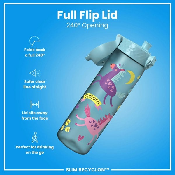 ION8 Leak Proof Slim Water Bottle, Recyclon, Blue Unicorns, 500ml (18oz)