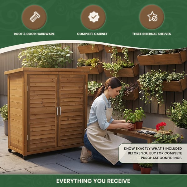 Wooden Tool Shed Storage Cabinet Natural, Outdoor Garden Storage with Felted Roof, Louvred Double Doors, 3 Shelves