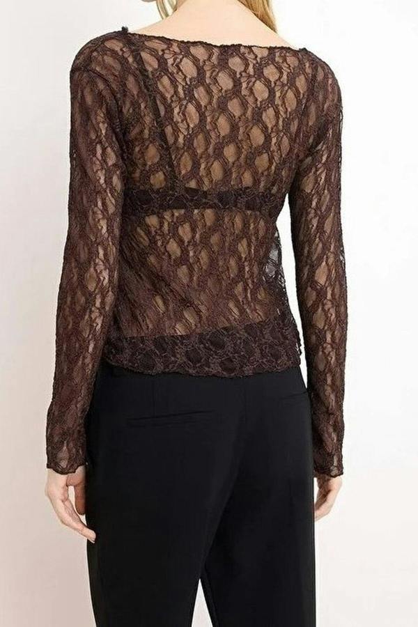 WOVCOR Fitted Boat Neck Long Sleeve Lace Knit Blouse