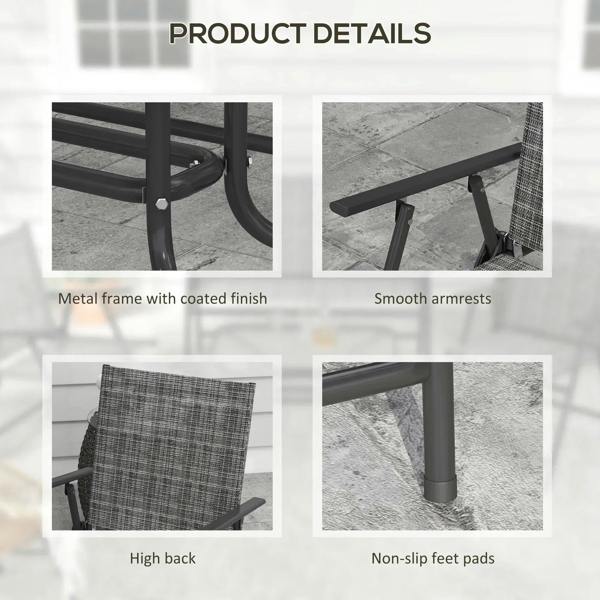 Light grey metal patio chairs with coated frame, smooth armrests, and non-slip feet