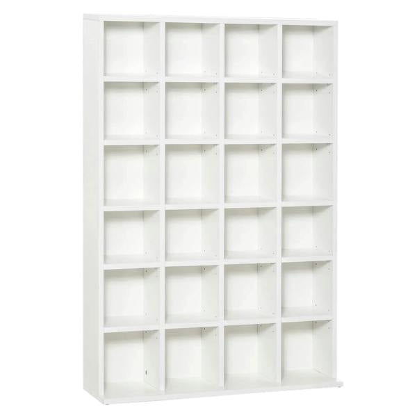 White CD storage unit with open cubby shelves, front view, square compartments