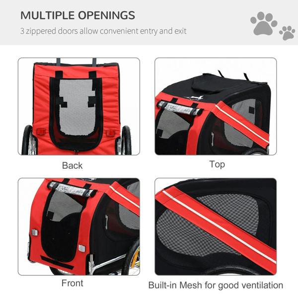 Bicycle pet trailer with multiple zippered openings: top, back, and front mesh panels