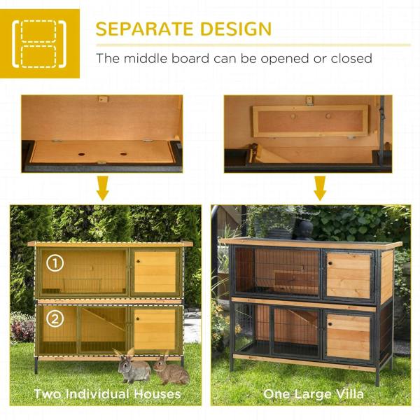 Rabbit hutch with openable middle divider board, showing two separate interior areas