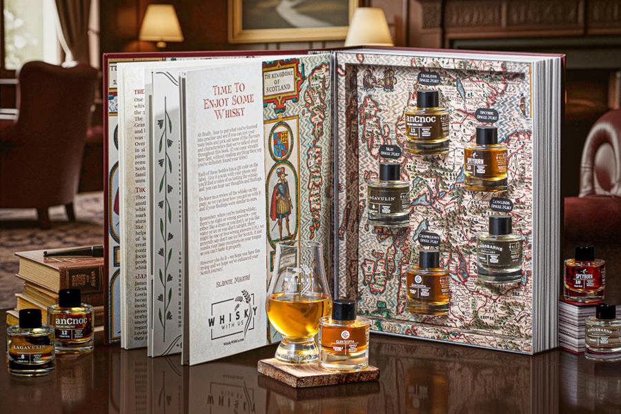 Whisky With Us Whisky Gift Set - The Book of Scotch Whisky – Whisky Tasting Gift Set with 5 Single Malt Miniatures
