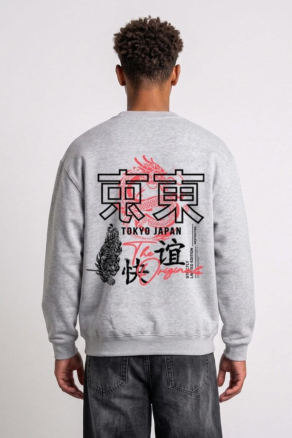 London Attitude Oversized Tokyo Dragon & Tiger Sweatshirt in Heather Grey