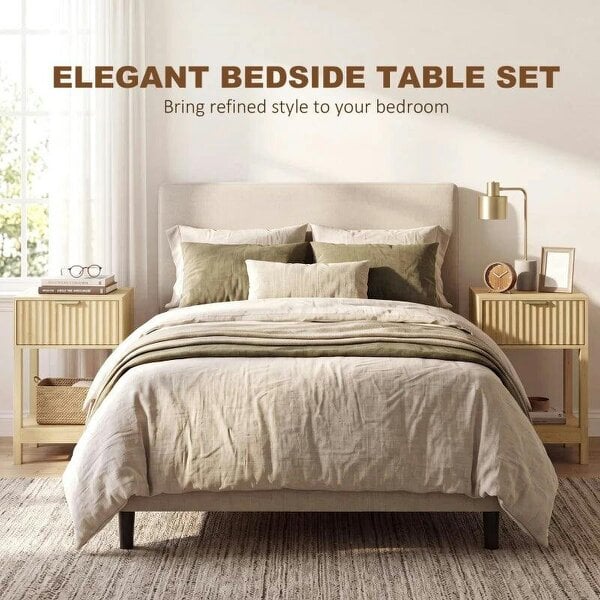 Modern Fluted Nightstand Set of 2, Bedside Table with Charging Station, Drawer and Open Shelf for Bedroom, Oak