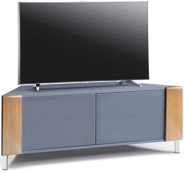 MDA Designs CORVUS Corner-Friendly Grey BeamThru Glass Doors with Oak Profiles Contemporary Cabinet for Flat Screen TVs up to 50"