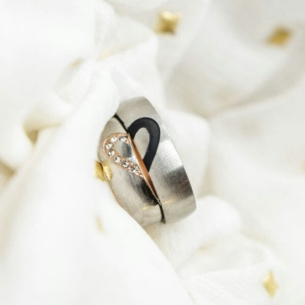 The Colourful Aura Stainless Steel Couple Rose Gold Heart Zircon Band Promise Ring Set