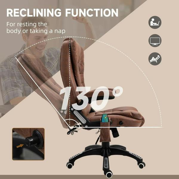 Brown reclined massage office chair with extended footrest and five-roller swivel base