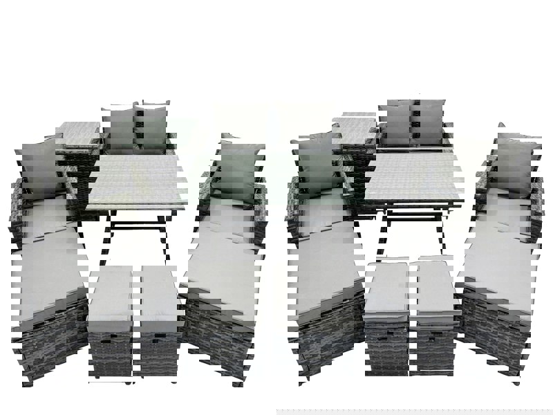 Fimous 8 Seater Rattan Furniture Set with Dining Table, Sofa, Side Table, 2 Chairs & 4 Stools - Dark Grey