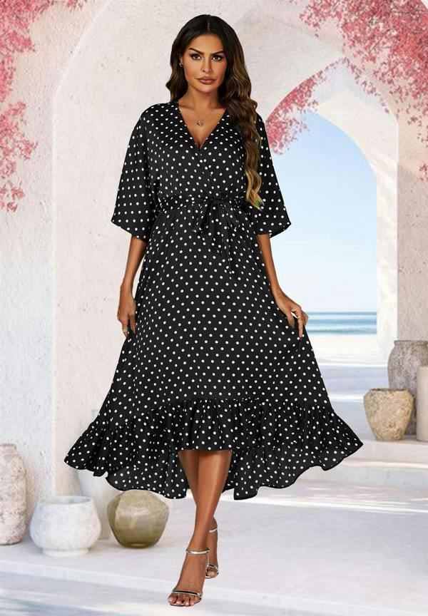 FS Collection Polka Dot Print Wrap Top Kimono Sleeve Maxi Dress In Black