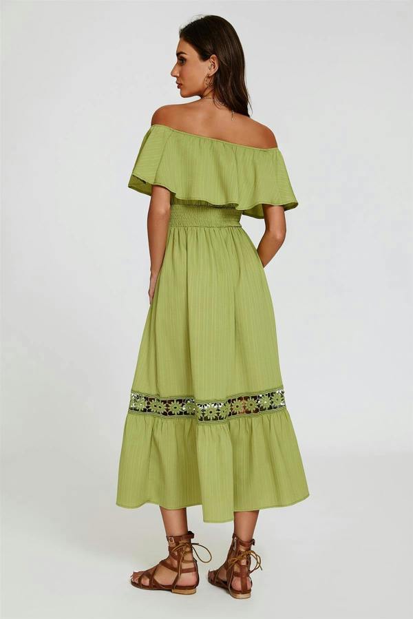 FS Collection Lace Detail Bardot Maxi Dress In Green