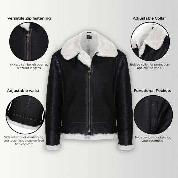 Infinity Leather Men's Pilot B3 Flying Shearling Sheepskin WWII Bomber Aviator Jacket