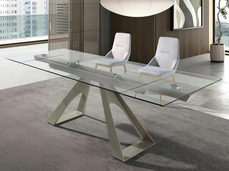 Angel Cerdá Rectangular extending dining table in tempered glass and taupe grey steel 1125