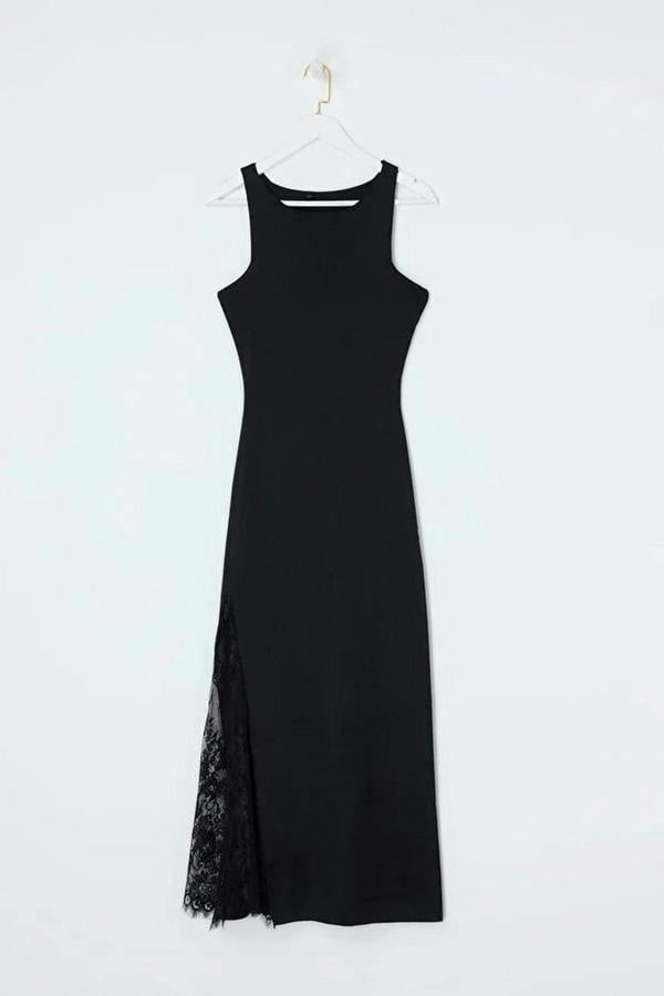 WOVCOR Plain Maxi Crew Neck Maxi Body-Hugging Lace Detail Knit Dress