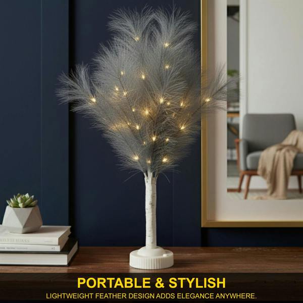 70cm Grey Feather Tree Table Lamp with Warm White LEDs, Battery-Operated Decorative Light image 7