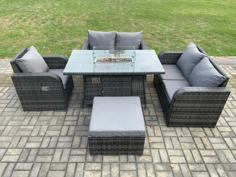 Fimous 6 Seater Rattan Outdoor Garden Furniture Sofa Set Gas Fire Pit Dining Table Gas Heater with Love Sofa Big Footstool Dark Grey Mixed