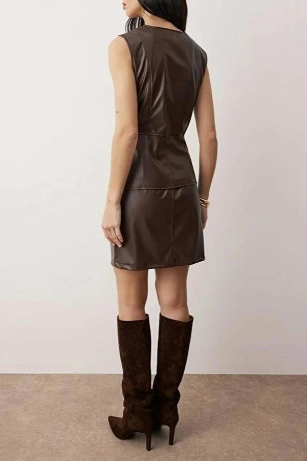 WOVCOR Body-Hugging Faux Leather Buttoned Mini Woven Dress