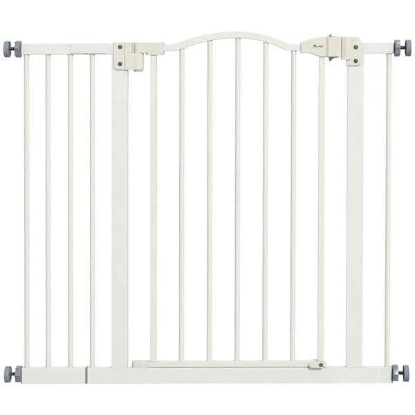 Adjustable white pet gate safety barrier with hinged auto-close door