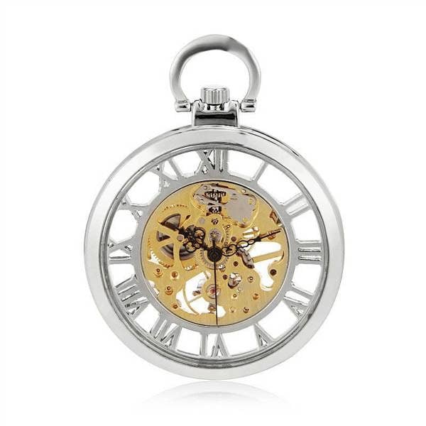 Infinity Leather Open-Face Silver Alloy Mechanical Skeleton Silver Pocket Watch