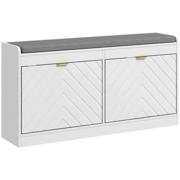 White shoe storage bench with gray upholstered top and two flip drawers