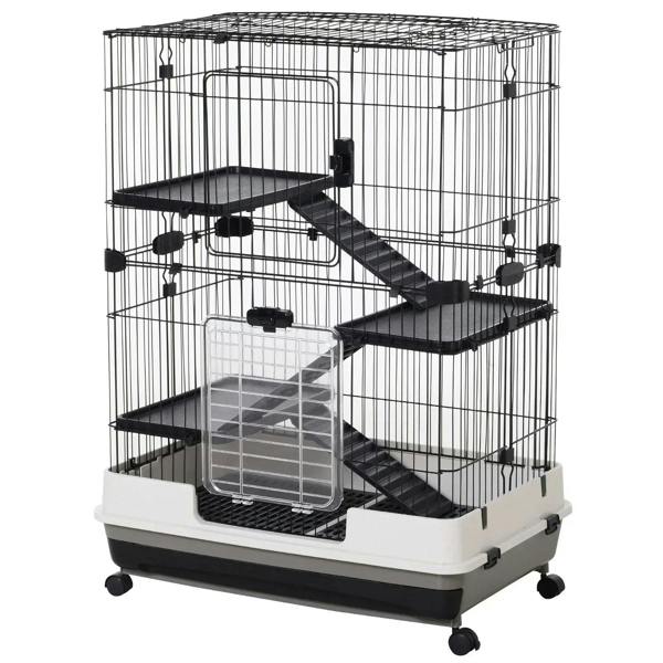 Four-tier small animal cage with black wire walls, ramps, and rolling wheels, white tray